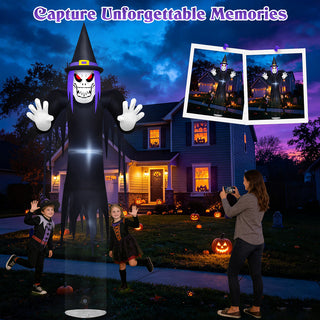Capture unforgettable memories lifestyle graphic for a giant Halloween inflatable spooky reaper and floating grim ghost yard decoration, showing a family taking holiday photos with kids in costumes on a festive suburban lawn.