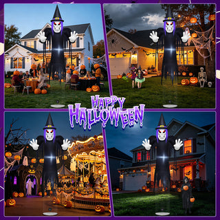 Happy Halloween multi-scene application graphic for a giant Halloween inflatable spooky reaper and floating grim ghost yard decoration, showcasing versatile outdoor setups including suburban front lawns, festive yard parties, community displays, and commercial holiday decorations.