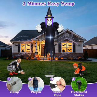3 minutes easy setup instruction graphic for a giant Halloween inflatable spooky reaper and floating grim ghost yard decoration, illustrating four quick installation steps including zip-up, plug-in, fasten rope, and fix ground stakes.