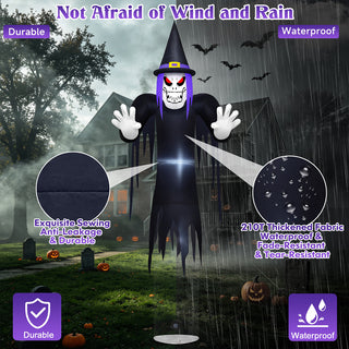 Not afraid of wind and rain feature graphic for a giant Halloween inflatable spooky reaper and floating grim ghost yard decoration, highlighting durable exquisite sewing anti-leakage construction and waterproof, fade-resistant, and tear-resistant 210T thickened fabric material.