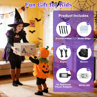Fun gift for kids feature graphic for a giant Halloween inflatable spooky reaper and floating grim ghost yard decoration, detailing package inclusions such as 4 ground stakes, 2 water bags, 2 ropes, 1 blower, 1 UL-approved power adapter, and 3 white LED modules.