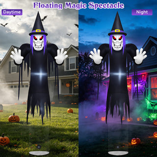 Floating magic spectacle daytime and night comparison graphic for a giant Halloween inflatable spooky reaper and floating grim ghost yard decoration, highlighting bright LED illumination and spooky visual effects for lawn and garden displays.