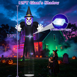 12FT giant's shadow dimension and lighting scale graphic for a giant Halloween inflatable spooky reaper and floating grim ghost yard decoration, highlighting its impressive height and built-in 3 bright white LED lights for nighttime visibility.