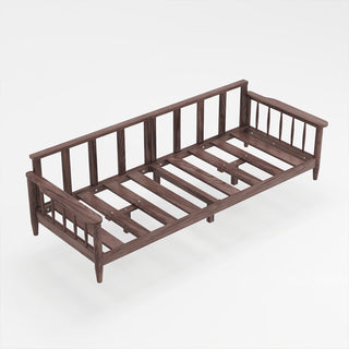 Isolated high-angle view of a dark walnut solid wood sofa frame with slatted base on a white background