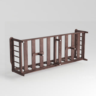 Underside view of dark walnut wood sofa frame with central support legs on white background