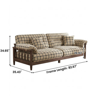 Plaid upholstered sofa dimension diagram showing 82.67-inch length and 34.65-inch height on white background