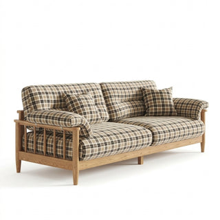 Three-quarter view of a modern plaid patterned sofa with a natural light oak wood frame base, spindle side arms, and matching checkered accent throw pillows, isolated on a white background.