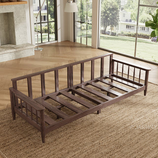 Dark walnut solid wood sofa frame with slatted base placed in a modern living room