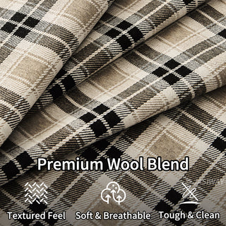Close-up of premium wool blend plaid upholstery fabric showing textured, soft, and breathable weave