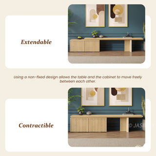 Two product demonstration panels show the extendable and contractible design of a wooden media console. The top panel features the text "Extendable" alongside an image of the cabinet moved apart, while the bottom panel shows "Contractible" with the cabinet pushed together. Text in the middle explains that the non-fixed design allows the table and cabinet to move freely between each other.