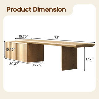 A product dimension diagram illustrates the measurements of the wooden media console. The overall top surface length measures 78 inches, while the cabinet height and depth are both 15.75 inches, with a width of 39.37 inches. The support leg height is indicated as 17.71 inches.