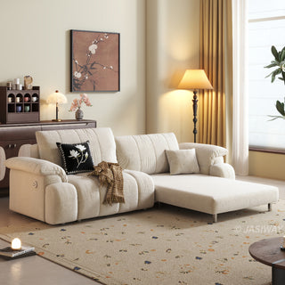 JASIWAY convertible floor sofa bed featuring a 3-in-1 foldable design and a 5-level adjustable backrest, upholstered in premium textured fabric with vertical channel tufting for a modern Japandi aesthetic, ideal for small apartments or contemporary living rooms.-Three-quarter view of chaise lounge mode