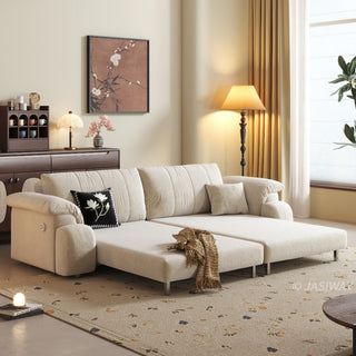 JASIWAY convertible floor sofa bed featuring a 3-in-1 foldable design and a 5-level adjustable backrest, upholstered in premium textured fabric with vertical channel tufting for a modern Japandi aesthetic, ideal for small apartments or contemporary living rooms.-Three-quarter view of chaise lounge mode