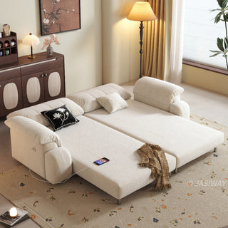 JASIWAY convertible floor sofa bed featuring a 3-in-1 foldable design and a 5-level adjustable backrest, upholstered in premium textured fabric with vertical channel tufting for a modern Japandi aesthetic, ideal for small apartments or contemporary living rooms.-High-angle view of full bed mode