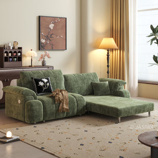 JASIWAY convertible floor sofa bed featuring a 3-in-1 foldable design and a 5-level adjustable backrest, upholstered in premium textured fabric with vertical channel tufting for a modern Japandi aesthetic, ideal for small apartments or contemporary living rooms.-Three-quarter view of chaise lounge mode