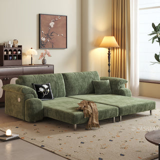 JASIWAY convertible floor sofa bed featuring a 3-in-1 foldable design and a 5-level adjustable backrest, upholstered in premium textured fabric with vertical channel tufting for a modern Japandi aesthetic, ideal for small apartments or contemporary living rooms.-Three-quarter view of chaise lounge mode
