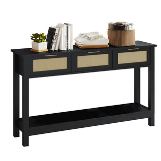 JASIWAY 47″ Rattan Console Table – 3-Drawer Entryway Organizer, Anti-Tip & Narrow Hallway Use