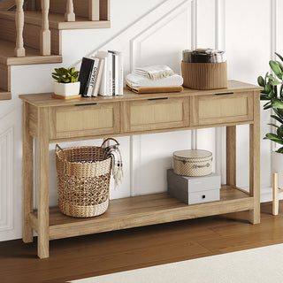JASIWAY 47″ Rattan Console Table – 3-Drawer Entryway Organizer, Anti-Tip & Narrow Hallway Use