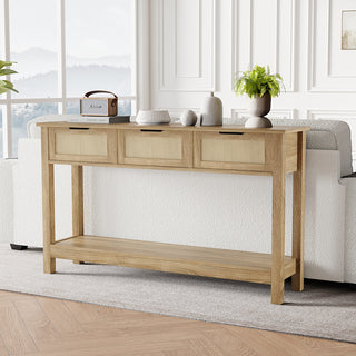 JASIWAY 47″ Rattan Console Table – 3-Drawer Entryway Organizer, Anti-Tip & Narrow Hallway Use