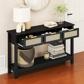 JASIWAY 47″ Rattan Console Table – 3-Drawer Entryway Organizer, Anti-Tip & Narrow Hallway Use