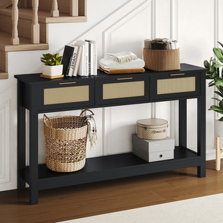 JASIWAY 47″ Rattan Console Table – 3-Drawer Entryway Organizer, Anti-Tip & Narrow Hallway Use