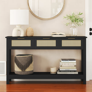 JASIWAY 47″ Rattan Console Table – 3-Drawer Entryway Organizer, Anti-Tip & Narrow Hallway Use