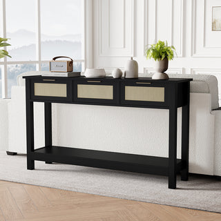 JASIWAY 47″ Rattan Console Table – 3-Drawer Entryway Organizer, Anti-Tip & Narrow Hallway Use