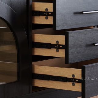 JASIWAY 78-inch mid-century modern TV stand in a black wood finish, featuring four arched tempered glass doors with interior shelving and three central storage drawers, and a low-profile silhouette for contemporary living room entertainment centers.-Close-up of drawer glides