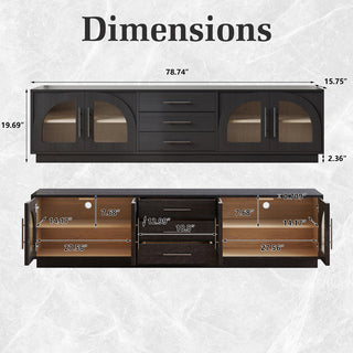 JASIWAY 78-inch mid-century modern TV stand in a black wood finish, featuring four arched tempered glass doors with interior shelving and three central storage drawers, and a low-profile silhouette for contemporary living room entertainment centers.-Dimensions chart