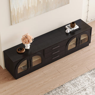 JASIWAY 78-inch mid-century modern TV stand in a black wood finish, featuring four arched tempered glass doors with interior shelving and three central storage drawers, and a low-profile silhouette for contemporary living room entertainment centers.-High-angle view