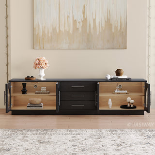 JASIWAY 78-inch mid-century modern TV stand in a black wood finish, featuring four arched tempered glass doors with interior shelving and three central storage drawers, and a low-profile silhouette for contemporary living room entertainment centers.-Front view with doors open