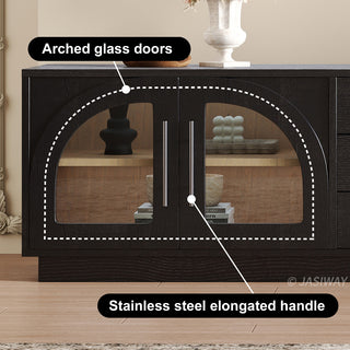 JASIWAY 78-inch mid-century modern TV stand in a black wood finish, featuring four arched tempered glass doors with interior shelving and three central storage drawers, and a low-profile silhouette for contemporary living room entertainment centers.-Close-up of arched glass doors