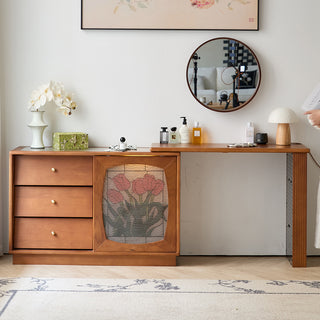 JASIWAY Art Deco Solid Wood Vanity Desk with Stained Glass-Style Tulip Accent