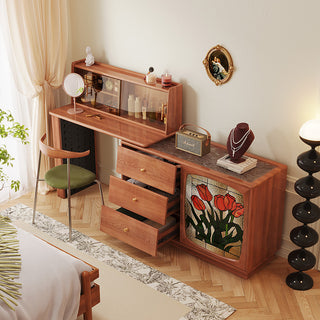 JASIWAY Art Deco Solid Wood Vanity Desk with Stained Glass-Style Tulip Accent