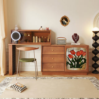 JASIWAY Art Deco Solid Wood Vanity Desk with Stained Glass-Style Tulip Accent