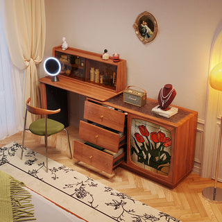 JASIWAY Art Deco Solid Wood Vanity Desk with Stained Glass-Style Tulip Accent