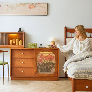 JASIWAY Art Deco Solid Wood Vanity Desk with Stained Glass-Style Tulip Accent