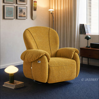 JASIWAY textured chenille fabric power swivel recliner chair featuring 270-degree rotation and an electric reclining mechanism with a smooth adjustable backrest and integrated extending footrest, designed with ergonomic cushioned armrests and built-in side controls.-Three quarter view