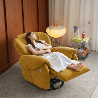 JASIWAY textured chenille fabric power swivel recliner chair featuring 270-degree rotation and an electric reclining mechanism with a smooth adjustable backrest and integrated extending footrest, designed with ergonomic cushioned armrests and built-in side controls.-High-angle view with model reclining