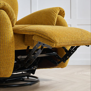 JASIWAY textured chenille fabric power swivel recliner chair featuring 270-degree rotation and an electric reclining mechanism with a smooth adjustable backrest and integrated extending footrest, designed with ergonomic cushioned armrests and built-in side controls.-Close-up of under-chair mechanism