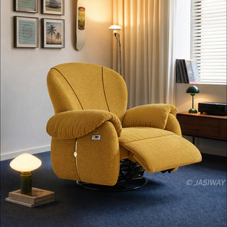 JASIWAY textured chenille fabric power swivel recliner chair featuring 270-degree rotation and an electric reclining mechanism with a smooth adjustable backrest and integrated extending footrest, designed with ergonomic cushioned armrests and built-in side controls.-Three quarter view of footrest extended