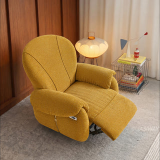 JASIWAY textured chenille fabric power swivel recliner chair featuring 270-degree rotation and an electric reclining mechanism with a smooth adjustable backrest and integrated extending footrest, designed with ergonomic cushioned armrests and built-in side controls.-High-angle view