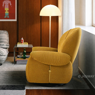JASIWAY textured chenille fabric power swivel recliner chair featuring 270-degree rotation and an electric reclining mechanism with a smooth adjustable backrest and integrated extending footrest, designed with ergonomic cushioned armrests and built-in side controls.-Side view
