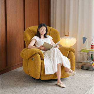JASIWAY textured chenille fabric power swivel recliner chair featuring 270-degree rotation and an electric reclining mechanism with a smooth adjustable backrest and integrated extending footrest, designed with ergonomic cushioned armrests and built-in side controls.-Diagonal view with model sitting