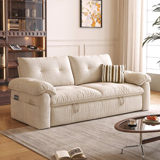 JASIWAY textured chenille sleeper sofa bed featuring a convertible folding design and functional pull-out loveseat mechanism, crafted with tufted cushions, cushioned armrests, built-in side storage pockets, and easy-pull straps, ideal for small spaces and living room furniture.-Three quarter view