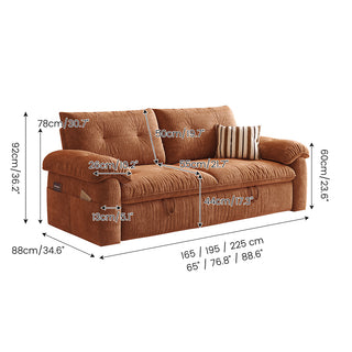 JASIWAY textured chenille sleeper sofa bed featuring a convertible folding design and functional pull-out loveseat mechanism, crafted with tufted cushions, cushioned armrests, built-in side storage pockets, and easy-pull straps, ideal for small spaces and living room furniture.-Dimensions chart