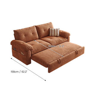 JASIWAY textured chenille sleeper sofa bed featuring a convertible folding design and functional pull-out loveseat mechanism, crafted with tufted cushions, cushioned armrests, built-in side storage pockets, and easy-pull straps, ideal for small spaces and living room furniture.-Dimensions chart