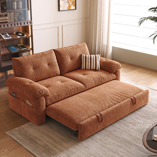 JASIWAY textured chenille sleeper sofa bed featuring a convertible folding design and functional pull-out loveseat mechanism, crafted with tufted cushions, cushioned armrests, built-in side storage pockets, and easy-pull straps, ideal for small spaces and living room furniture.-Three quarter view with chaise mode