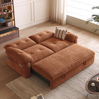 JASIWAY textured chenille sleeper sofa bed featuring a convertible folding design and functional pull-out loveseat mechanism, crafted with tufted cushions, cushioned armrests, built-in side storage pockets, and easy-pull straps, ideal for small spaces and living room furniture.-High-angle view with bed mode