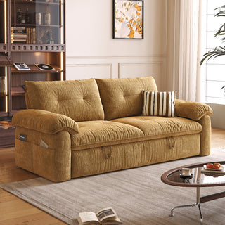 JASIWAY textured chenille sleeper sofa bed featuring a convertible folding design and functional pull-out loveseat mechanism, crafted with tufted cushions, cushioned armrests, built-in side storage pockets, and easy-pull straps, ideal for small spaces and living room furniture.-Three quarter view